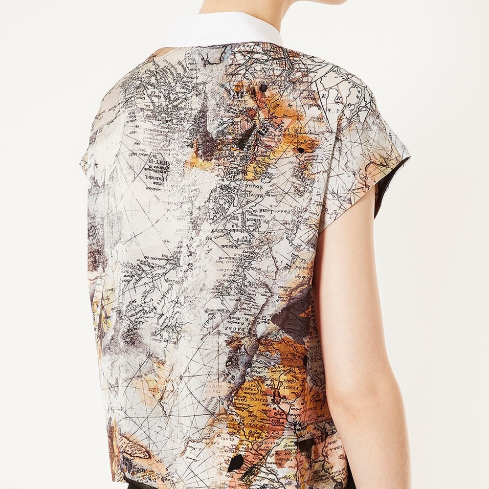 Topshop World Map Collared button down Crop Top - Picture 2 of 8